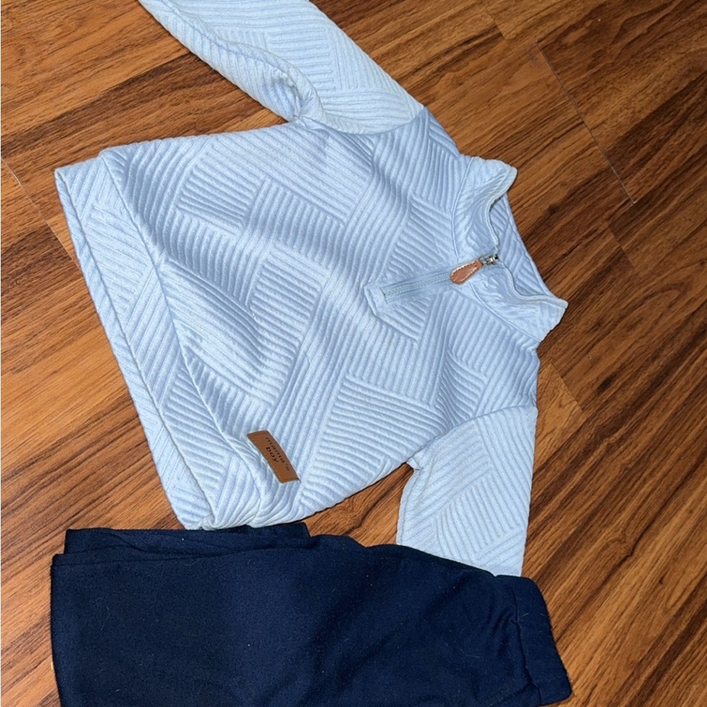 Blue Quilted Pullover and Black Pants Set